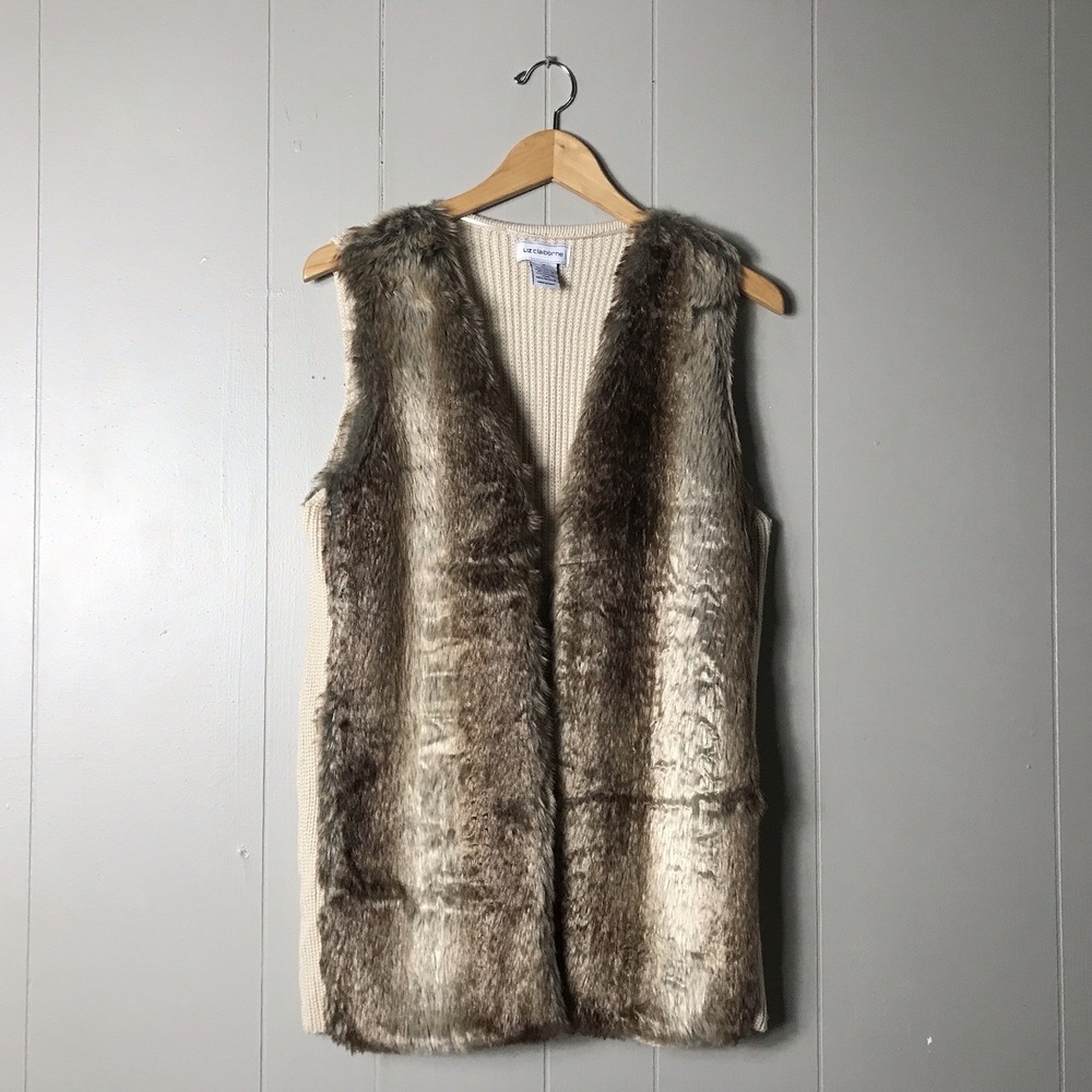 LIZ CLAIBORNE BROWN FAUX FUR SWEATER VEST CARDIGAN SLEEVELESS WOMENS SIZE MEDIUM